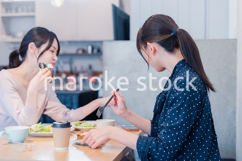 カフェでランチを食べる若い二人の女性