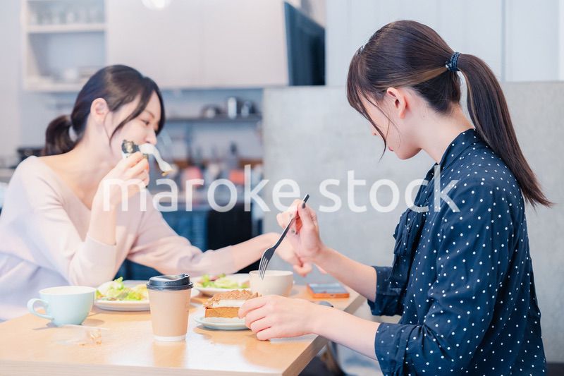 カフェでランチを食べる若い二人の女性