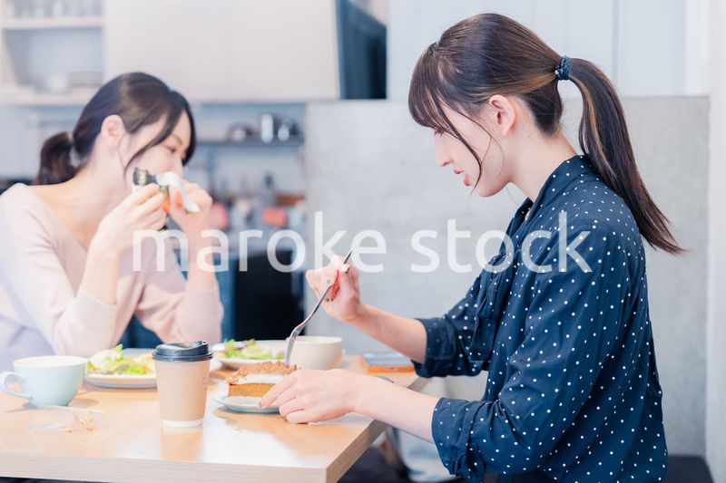 カフェでランチを食べる若い二人の女性