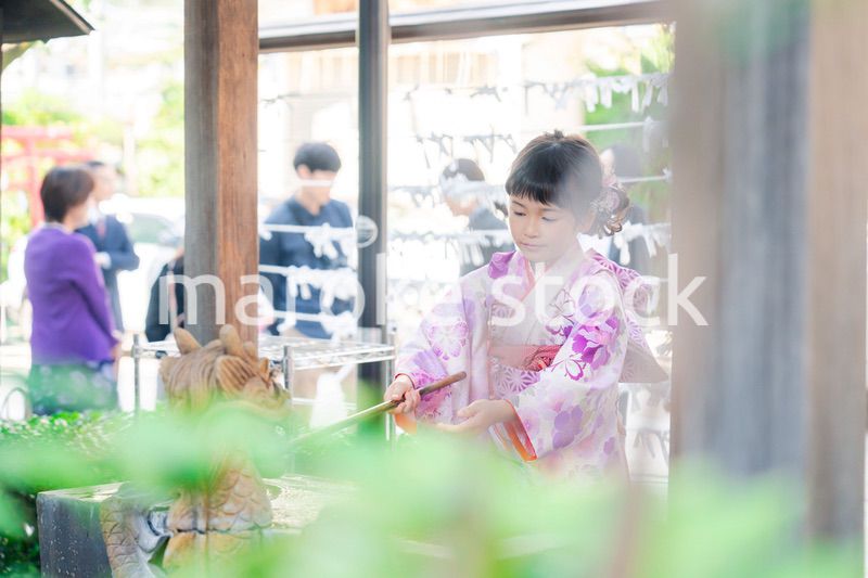 神社の手水舎で手を清める七五三の女の子