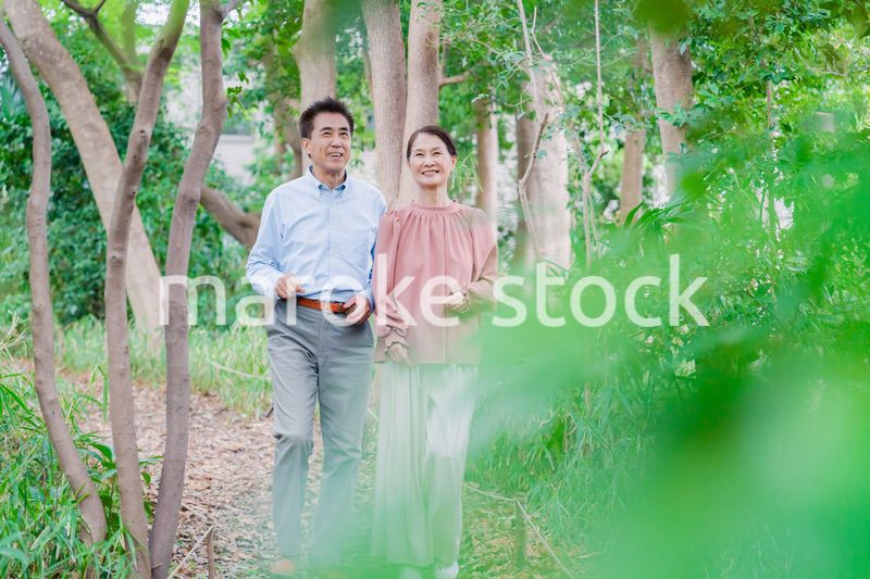 自然の中を散歩するシニアの夫婦