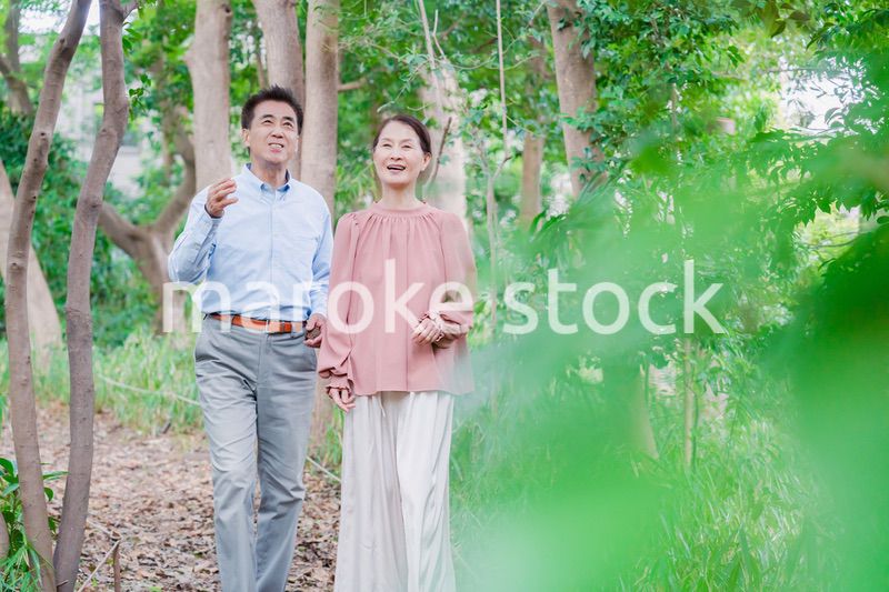自然の中を散歩するシニアの夫婦