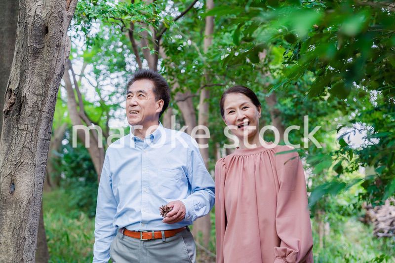 自然の中を散歩するシニアの夫婦