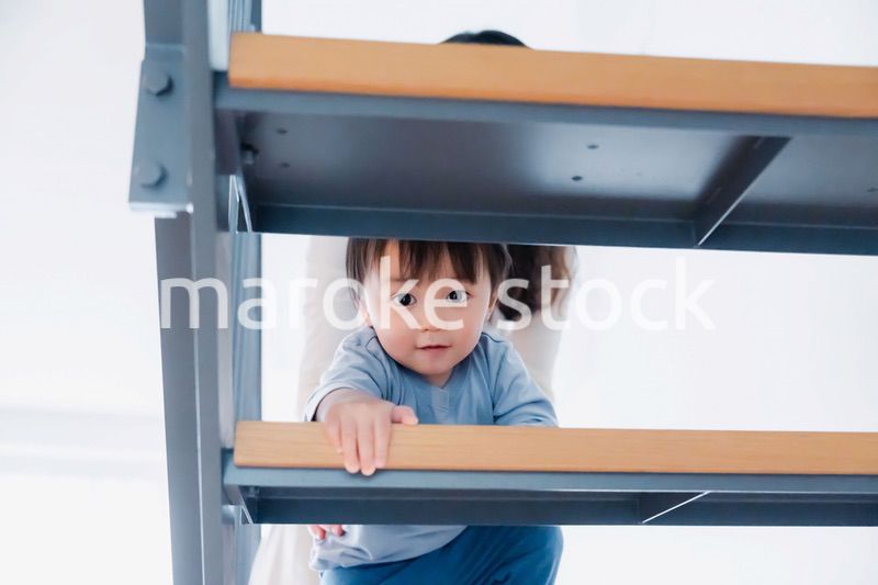 家の階段をハイハイで登る1歳の男の子