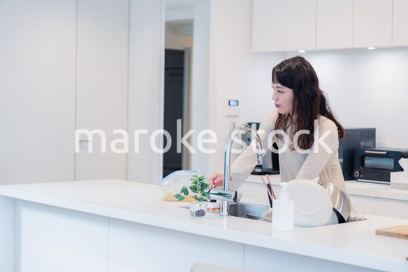 キッチンで忙しく家事をする主婦
