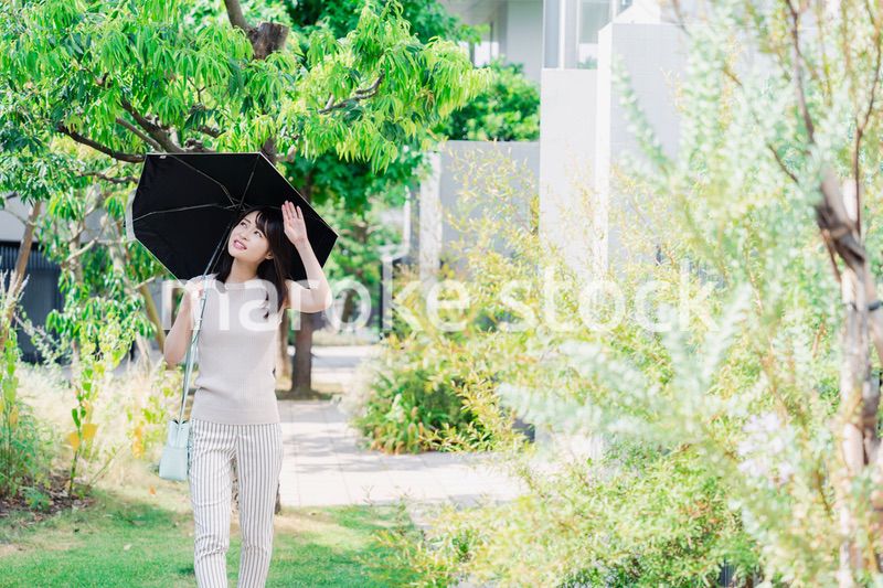 日傘を差して外を歩く若い女性