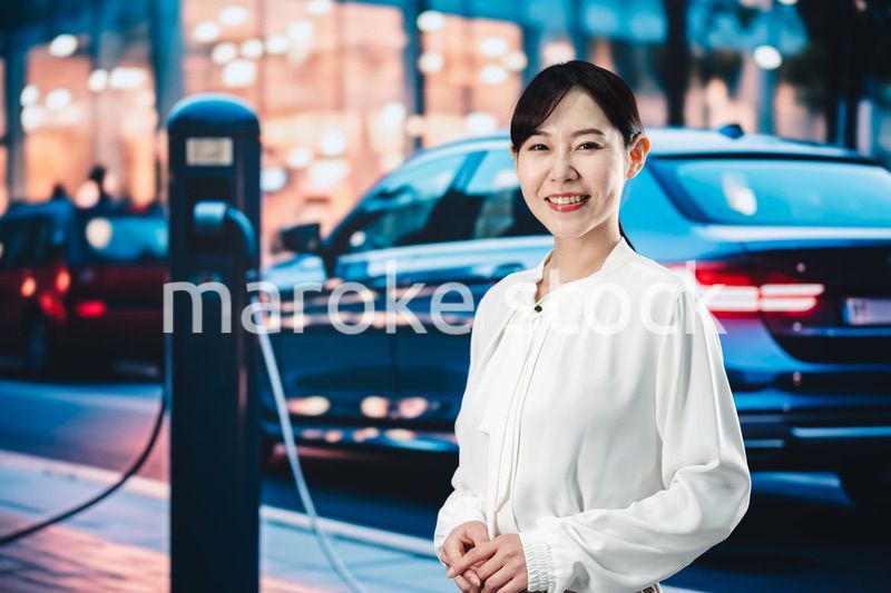 道路で電気自動車を充電する女性