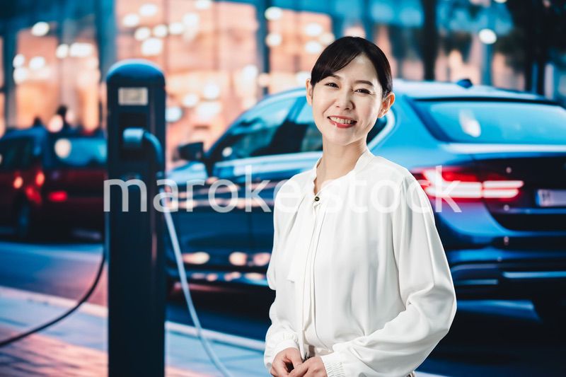 道路で電気自動車を充電する女性