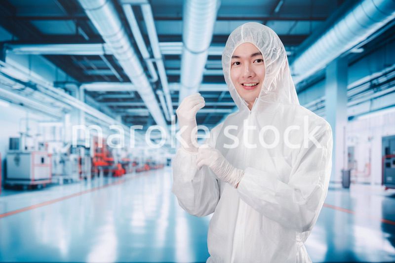 工場のクリーンルームに入る男性