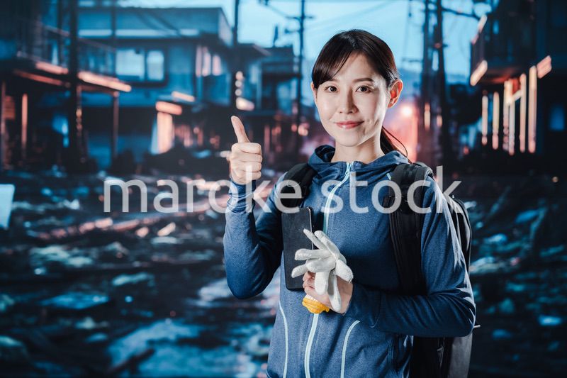 避難をしながらOKサインをする女性