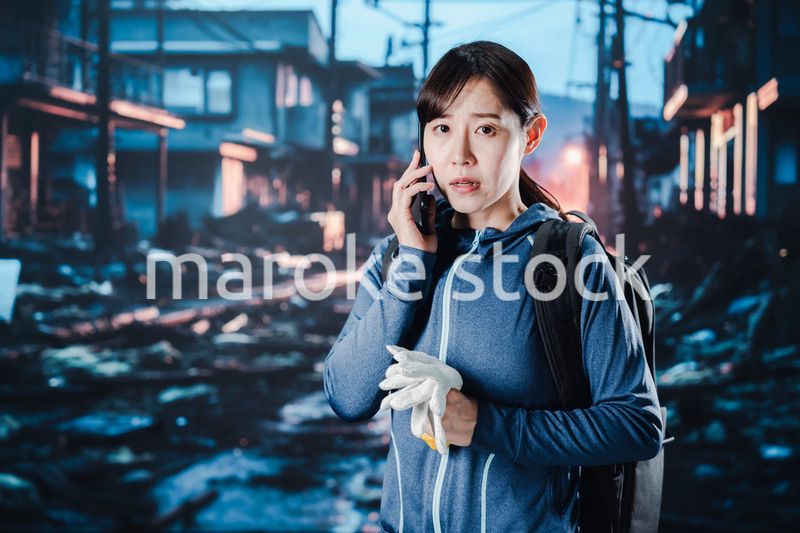 災害が発生し電話が繋がらずに困る女性