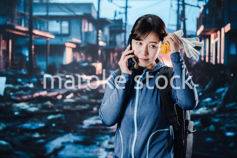 災害が発生し電話が繋がらずに困る女性