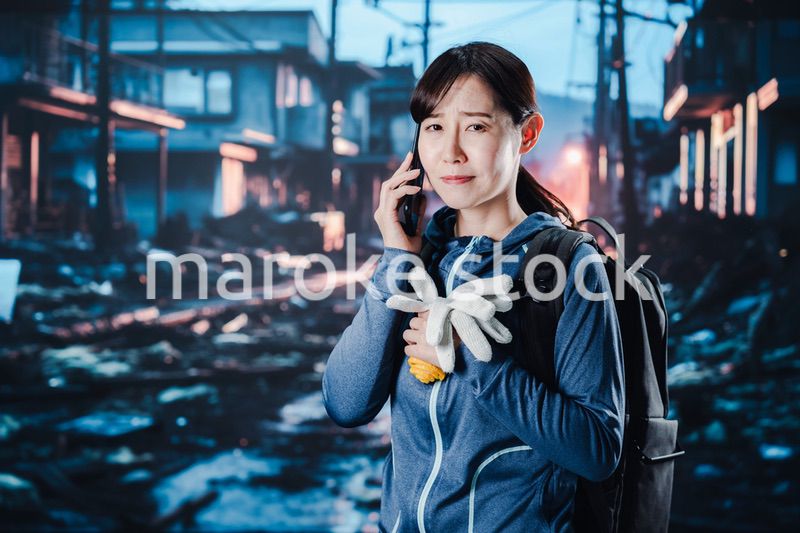 災害が発生し電話が繋がらずに困る女性