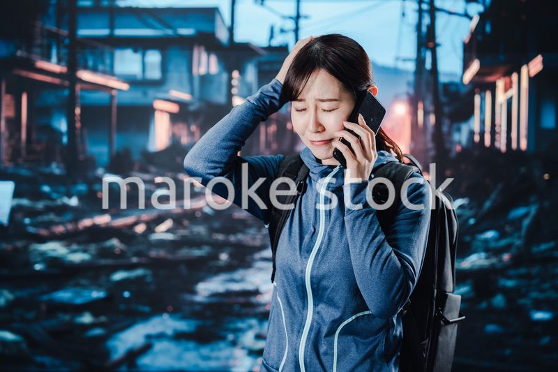 災害が発生し電話が繋がらずに困る女性