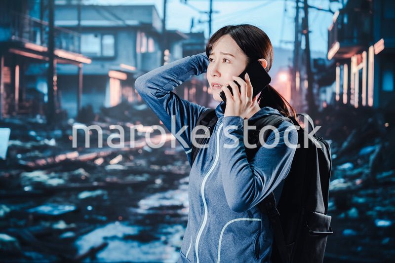 災害が発生し電話が繋がらずに困る女性