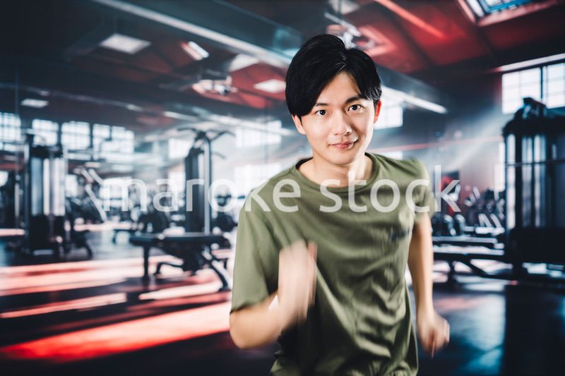 スポーツジムでランニングをする若い男性