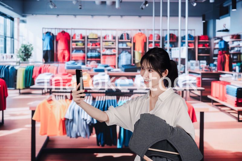 服屋さんで買い物をする若い女性