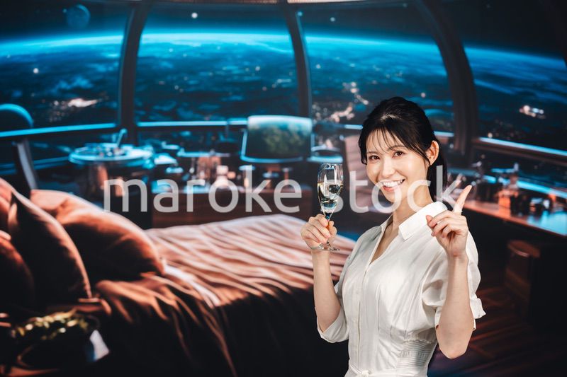 宇宙のホテルでスパークリングワインを楽しむ女性