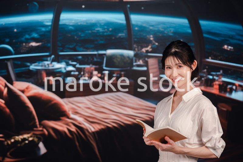 宇宙船で優雅に過ごす若い女性
