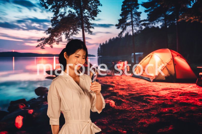 キャンプをしながらお酒を飲む若い女性