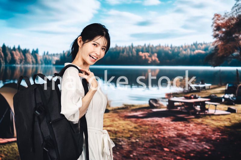 アウトドアを楽しむ若い女性