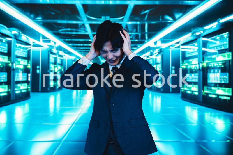 サーバールームで頭を抱えるビジネスマン