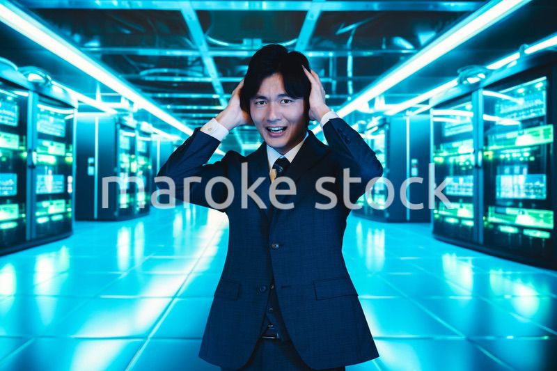 サーバールームで頭を抱えるビジネスマン