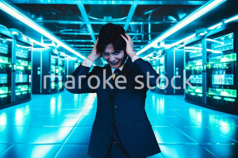 サーバールームで頭を抱えるビジネスマン