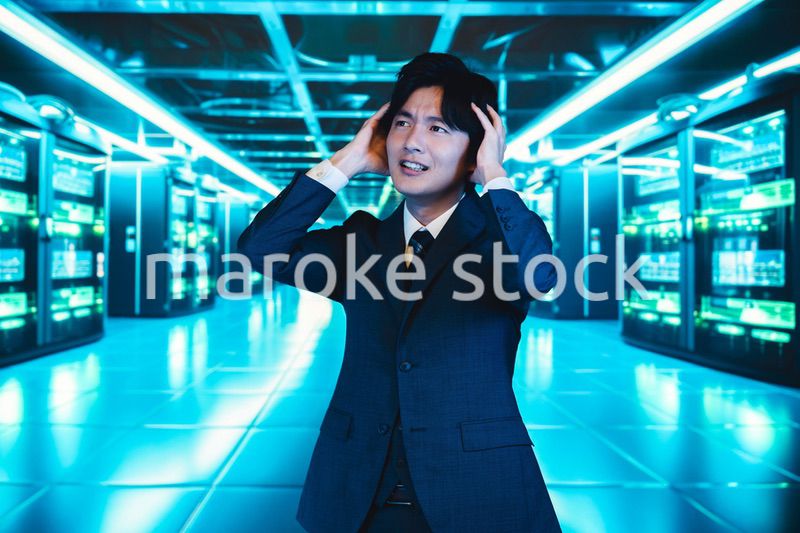 サーバールームで頭を抱えるビジネスマン