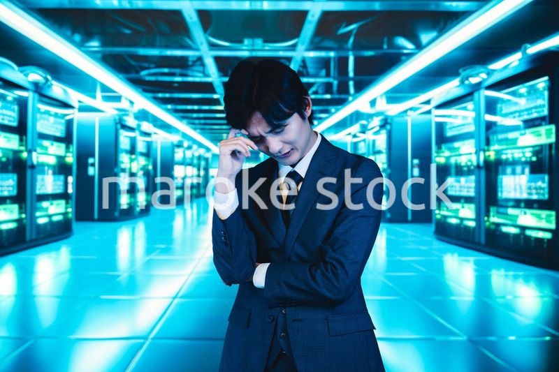 サーバールームで頭を抱えるビジネスマン