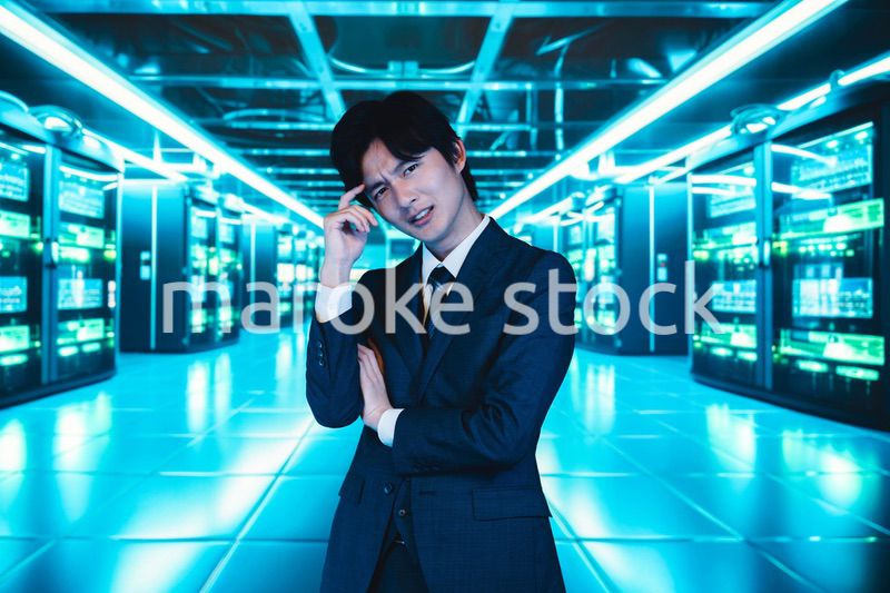 サーバールームで頭を抱えるビジネスマン