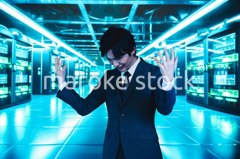 サーバールームで頭を抱えるビジネスマン