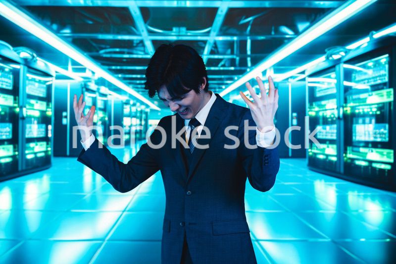 サーバールームで頭を抱えるビジネスマン