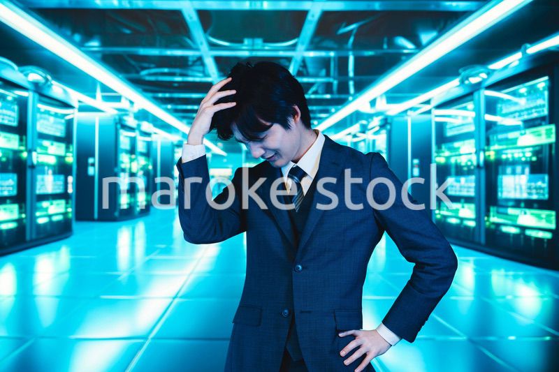 サーバールームで頭を抱えるビジネスマン