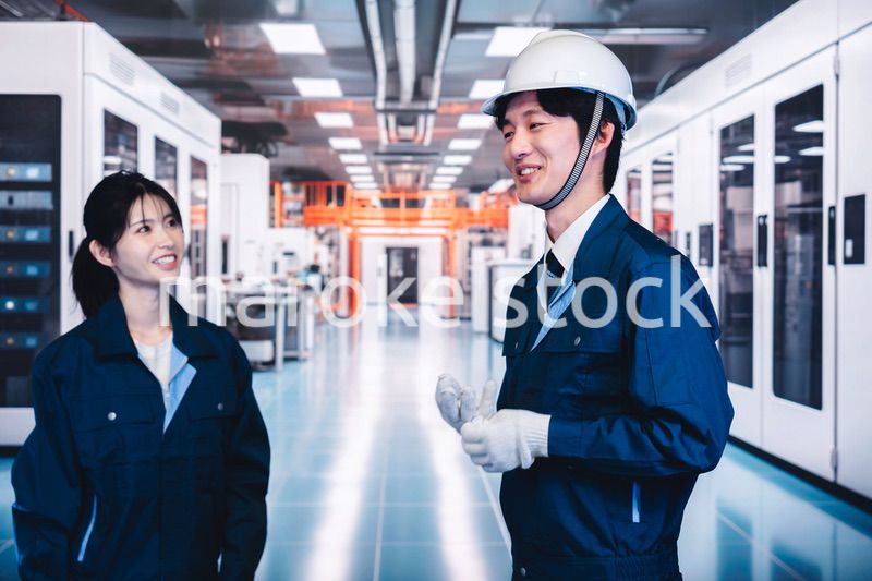 工場で楽しく働く男女の作業員