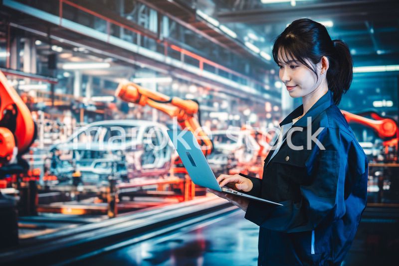 工場の生産ラインでパソコンを使う若い女性