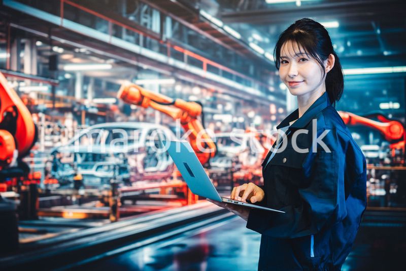 工場の生産ラインでパソコンを使う若い女性