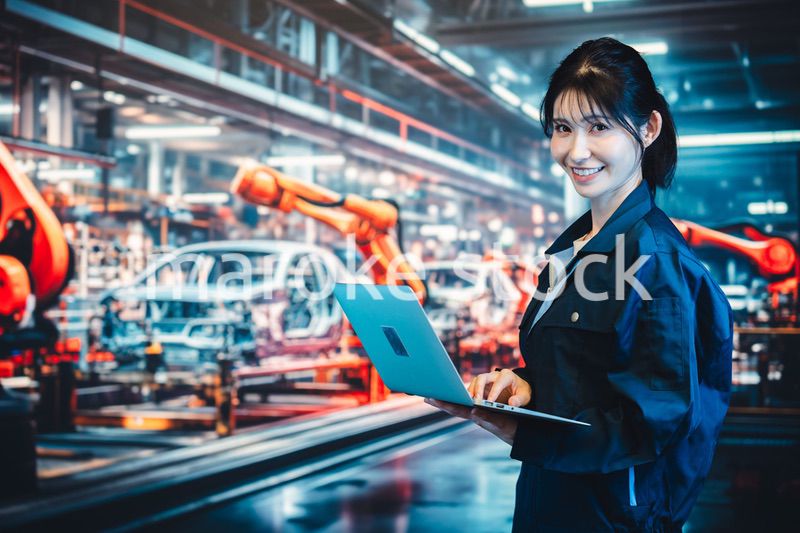 工場の生産ラインでパソコンを使う若い女性