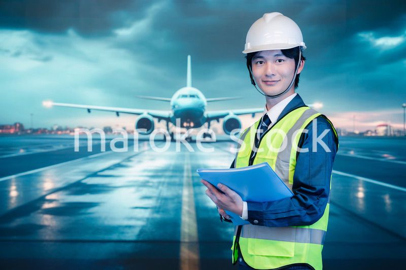 空港の滑走路上で働く若い男性