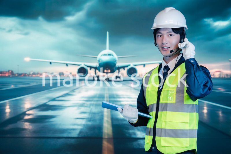 空港の滑走路上で働く若い男性