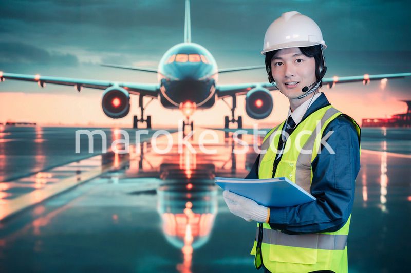 空港の滑走路上で働く若い男性