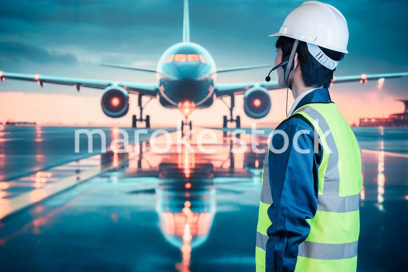 空港の滑走路上で働く若い男性