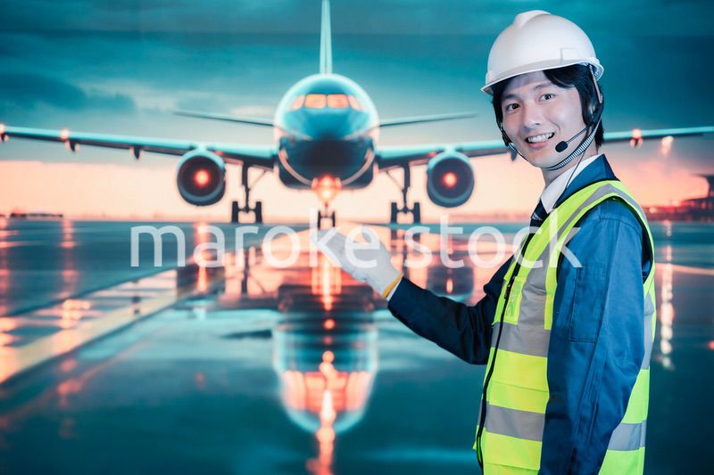 空港の滑走路上で働く若い男性