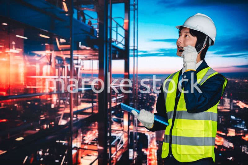 高層ビルの建築現場で作業をする若い男性