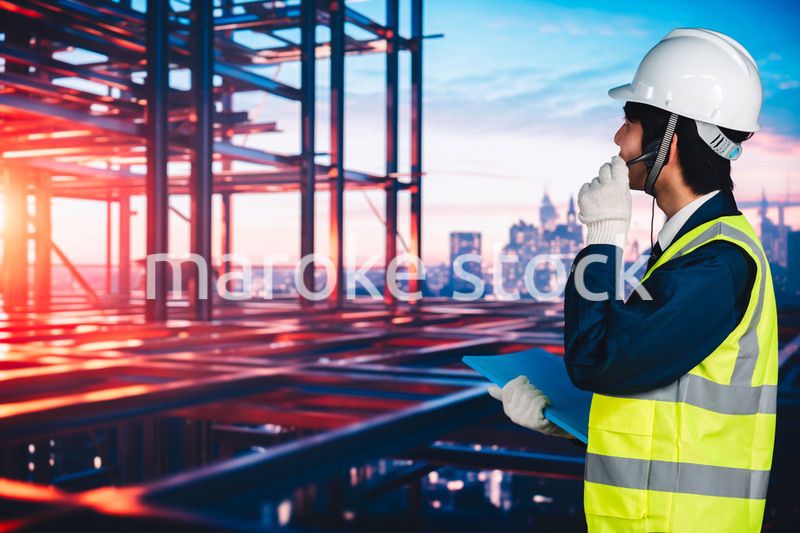 高層ビルの建築現場で作業をする若い男性