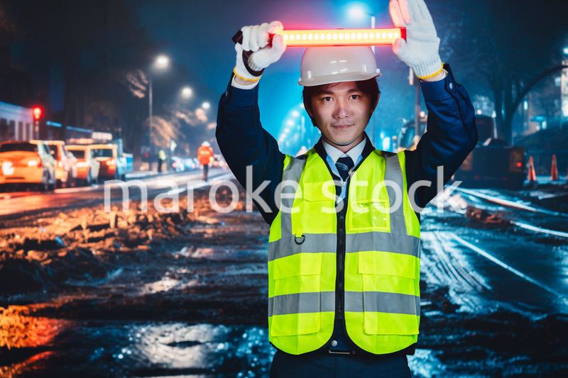 道路で案内をする警備員