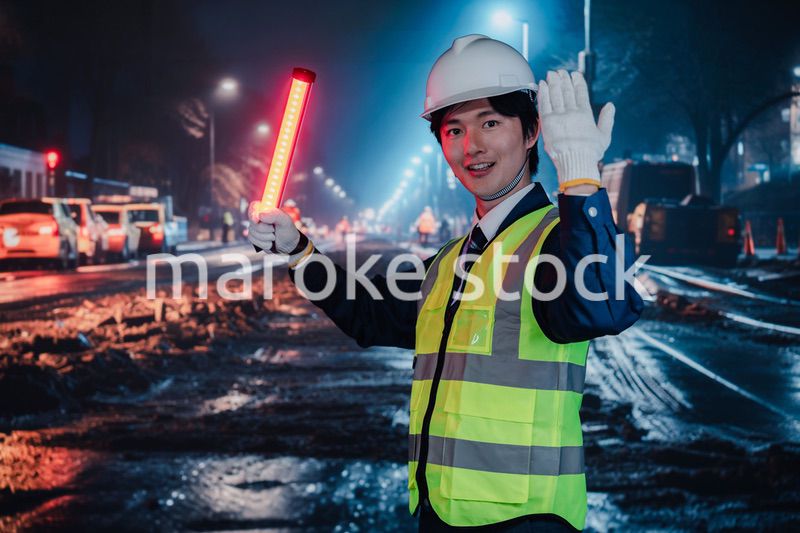 道路で交通整理をする警備員