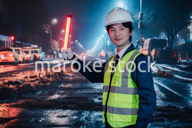 道路で交通整理をする警備員