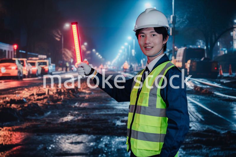 道路で交通整理をする警備員