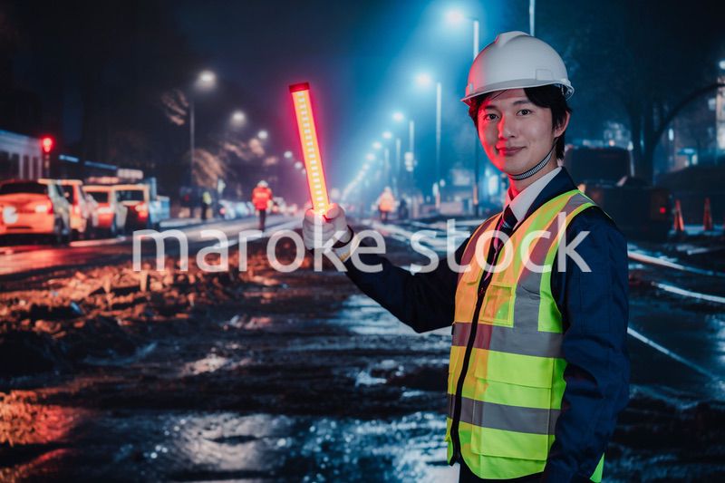 道路で交通整理をする警備員